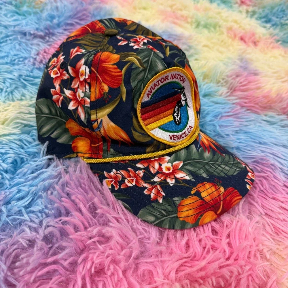 Aviator Nation Venice CA Tropical Floral Snapback Hat Navy Blue Rainbow Patch - Picture 2 of 7